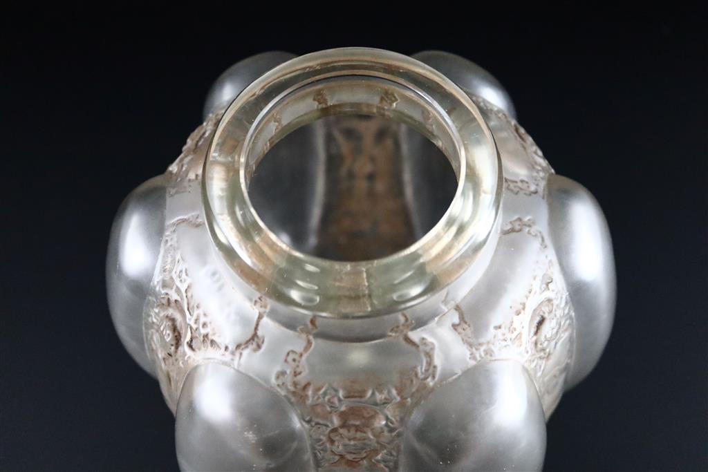 René Lalique. A pre-war sepia tinted frosted glass Six Figurines et Masques pattern vase, no.1912, designed in 1912, 24cm high